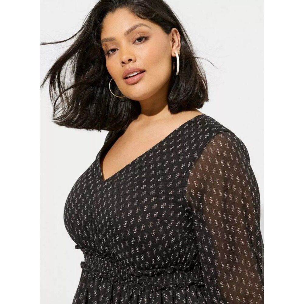 NWT Sparkly Black Print Plus Sz 2X Lined Tiered Knee Length Dress Pockets TORRID - Picture 2 of 8